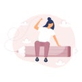 Student sitting on the rocket pencil. Graduate Young woman flying in the clouds on the bigpencil. Flat vector illustration.