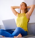 Student, smile and stretching with laptop for good grades, holiday break and education. Happy, e learning on computer Royalty Free Stock Photo