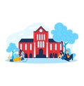 Student study building, university architecture, school education, children outdoors, design, cartoon style vector