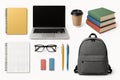Student study set with laptop, notebooks, glasses, pens, backpack, and coffee cup for school or college. concept of education Royalty Free Stock Photo
