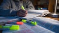 Student studying at desk with open textbooks highlighted notes and highlighter pens creating focused late night study scene Royalty Free Stock Photo