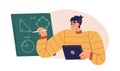 Student studying math online. Character at mathematics class, geometry lesson, drawing formula, solving problems on