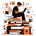 Student studying online sitting on a stack of books surrounded by abstract designs isolated on white background Royalty Free Stock Photo