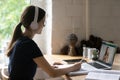 Student studying with schoolmate remotely use laptop and video call