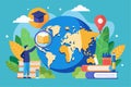 A student is studying a vibrant world map illustration surrounded by books and educational tools Studying a flat illustration of Royalty Free Stock Photo