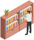 Student taking book at library icon bookcase. Man at bookstore standing near bookshelf with books