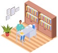 Student taking book at library icon bookcase. Man at home sitting at table near bookshelf with books Royalty Free Stock Photo