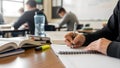 Student taking notes with pen and notebook during classroom study session Royalty Free Stock Photo