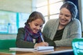 Student, teacher and happy to help with work, study and learning support in math classroom or girl, education and Royalty Free Stock Photo