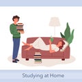 Student teen people study together, boy holding books stack, girl lying on sofa, reading