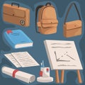 Set of vector illustrations of student supplies Royalty Free Stock Photo