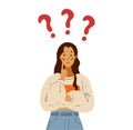 The student thinks about the problem, the girl solves the question. Cute cartoon flat illustration with question marks