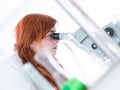Student under microscope analysis Royalty Free Stock Photo