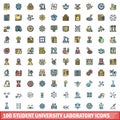 100 student university laboratory icons set, color line style