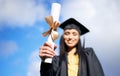 Student, university and woman with degree for graduation, celebration and achievement ceremony. College, academy and Royalty Free Stock Photo