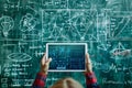 Student use tablet take picture of mathematic formula on blackboard. Technology, Learning, development. concept