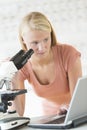 Student Using Laptop And Microscope In Chemistry Class Royalty Free Stock Photo