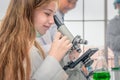 Student using microscope in biology laboratory