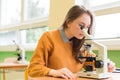 Student using microscope to examine samples in biology class. Royalty Free Stock Photo
