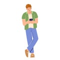 Student using mobile phone. Guy holding smartphone and looking at screen, typing, chatting, surfing internet Flat vector