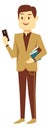 Student using smartphone. Guy hold mobile phone