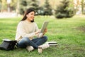 Student using tablet, sitting in the park Royalty Free Stock Photo