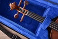 Student violin in case on wooden table detail