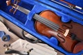 Student violin and equipment on wooden table