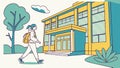 Student walking towards school building, education theme depicted vector design Generative AI Royalty Free Stock Photo