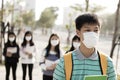 Student wearing mouth mask against smog in city