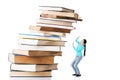 Student woman afraid of pile of books. Royalty Free Stock Photo