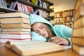 Student or woman with books sleeping in library Royalty Free Stock Photo