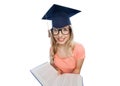 Student woman in mortarboard with encyclopedia Royalty Free Stock Photo