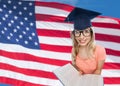 Student woman in mortarboard with encyclopedia Royalty Free Stock Photo