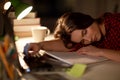Student or woman sleeping on table at night home Royalty Free Stock Photo