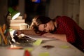 Student or woman sleeping on table at night home Royalty Free Stock Photo