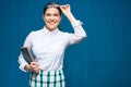 Student woman wearing glasses holding book. Royalty Free Stock Photo