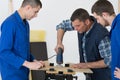 Student woodworking class learning to drill with nails Royalty Free Stock Photo