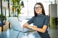 Student work process concept. Woman working university project with generic design laptop. Royalty Free Stock Photo