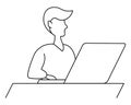 A student works at a laptop, sits at a table and types on a keyboard, a young man in a doodle style