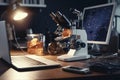 Student working with microscope and laptop in chemistry class, AI Generative Royalty Free Stock Photo