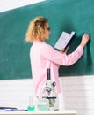 Student writing chalkboard defocused. Biology concept. Biology laboratory. Microbiology and bioengineering. Microscope