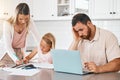 Student writing homework in book with mother, people looking stressed working on tech laptop and family suffering with