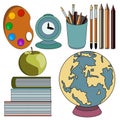 student's set brushes pencils globe books apple alarm clock hand-drawn illustration white background