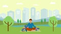 Student young man meditates in city urban park vector illustration. Meditating guy sitting on grass in yoga lotus