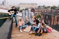 Students birthday party on roof. Leisure time Royalty Free Stock Photo