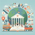 Students with book, school bus, and globe. AI Generated Royalty Free Stock Photo