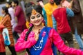 Students are celebrating Holi or `Basanta Utsav` at Rabindra Bharati University campus in Kolkata, India on 5th March 2020 Royalty Free Stock Photo