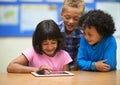 Students, children on tablet and school for online education, e learning and website or information in group. Happy kids Royalty Free Stock Photo