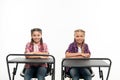 Students classmates sit desk. Back to school. Private school concept. Individual schooling. Elementary school education